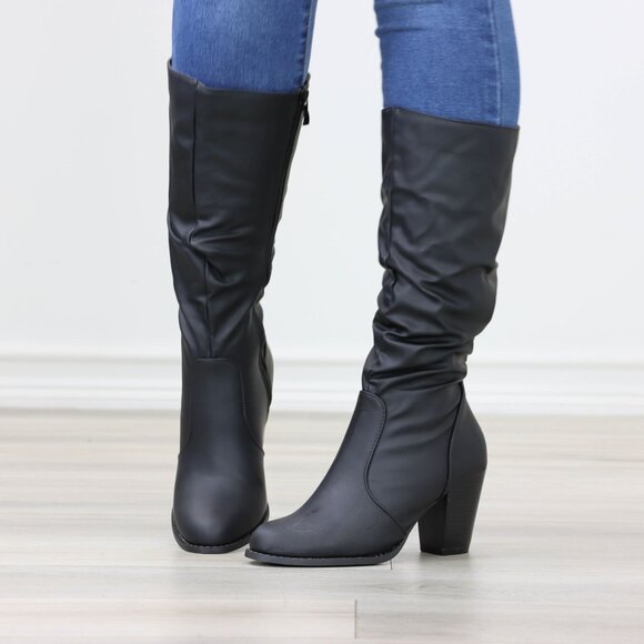 Black Mid Calf Heeled Boots Synthetic Leather Pointed Toe Womens - Picture 14 of 15